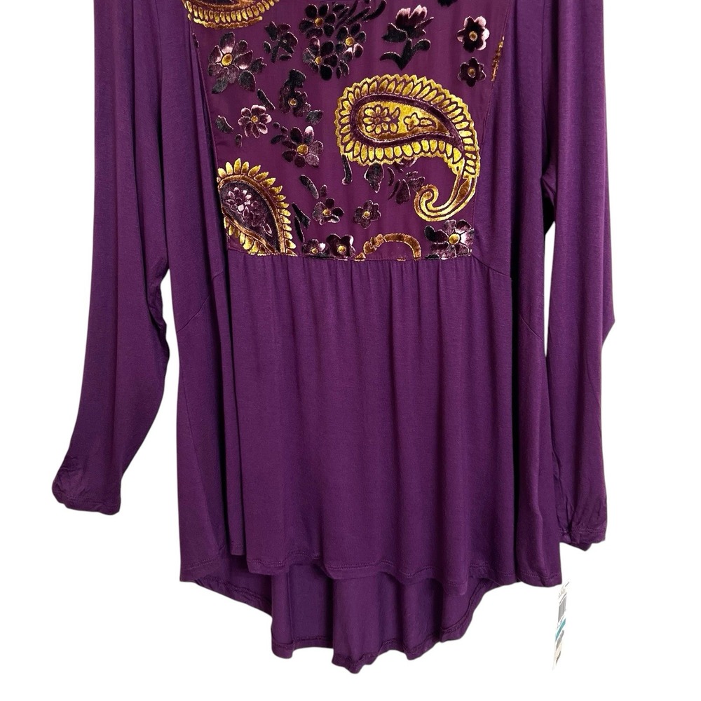 Style & Co Blouse Size OX Paisley Floral Velvet Front Panel Long Sleeve Top New - Picture 4 of 13